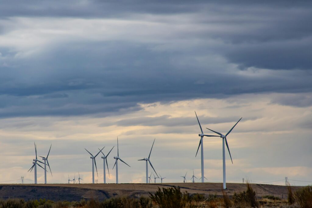 pexels-photo-1635332-1635332 Scenic view of multiple wind turbines on a cloudy day, showcasing renewable energy in open landscape.